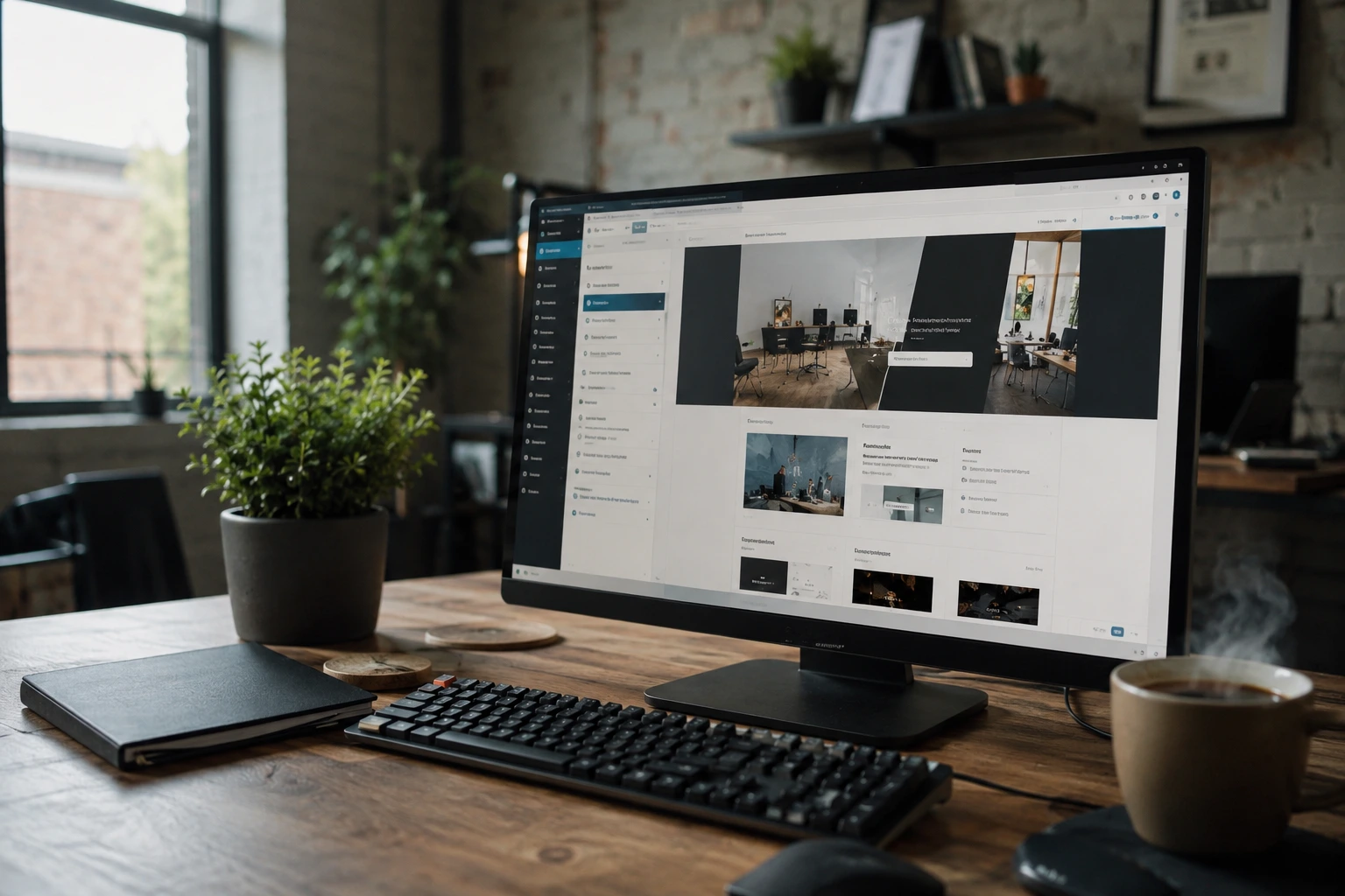 Custom WordPress website development workspace showing a business site being built on a designer's monitor in a UK web development studio